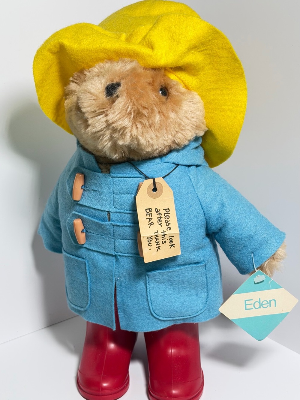 Vintage 1996 Eden Toys Paddington Bear in Yellow Hat, Blue Coat and Red Boots